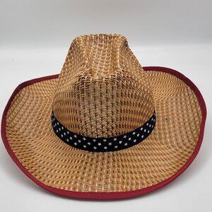 Wide Brim Straw Cowboy Hat With Red Trim & Starry Band For Men Or Women
